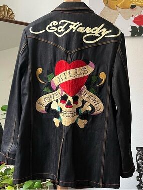 Y2K NWT Deadstock Ed Hardy by   Christian Audigier Embroidered Denim Blazer